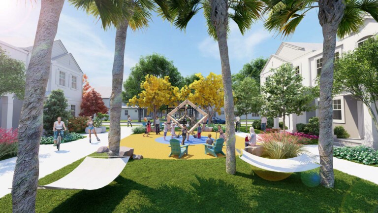 EverBe's design includes a network of cleverly themed linear green spaces that weave between homes to create a park-like front yard setting throughout EverBe.