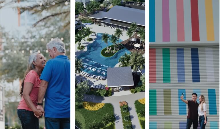 Older couple smiling holding hands next to an aerial shot of homes at EverBe in Orlando Florida and a young couple taking a selfie in front of a colorful mural