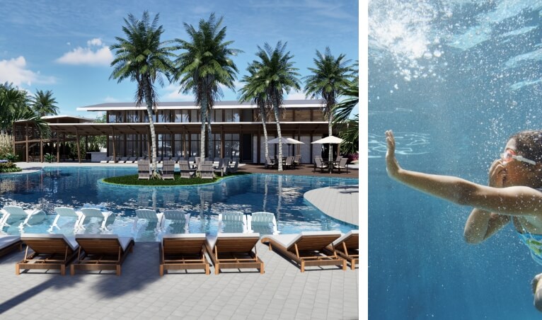 Rendering of pool amenity next to photo of a young girl underwater swimming for EverBe in Orlando Florida amenities