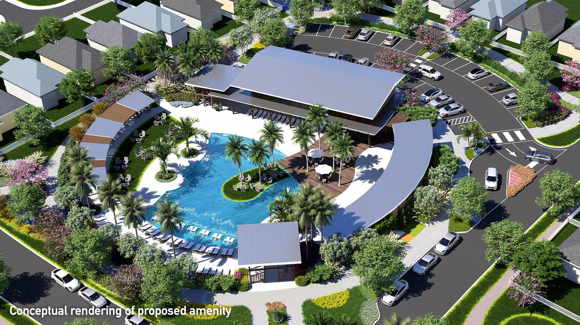 aerial conceptual rendering of Phase 1 amenity center at EverBe - new homes for sale in Orlando Florida